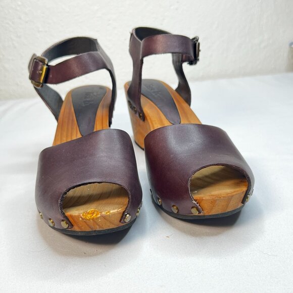 Lisa B Peep Toe Clogs Low Wood Heel Chocolate Brown Leather 40 Boho US 8.5 / 9 - Picture 3 of 13